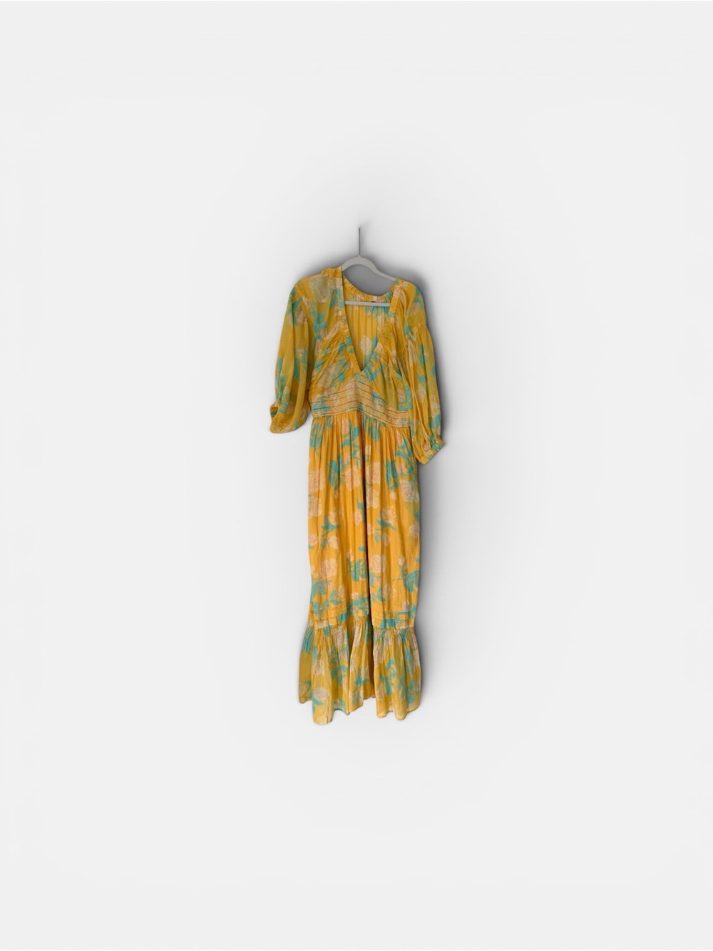 Free People Yellow Floral Maxi Dress with Green Accents